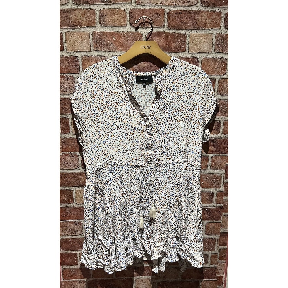Aakaa Women's Size M Stretch MultiColor Button Up Blouse Shirt W Drawstring